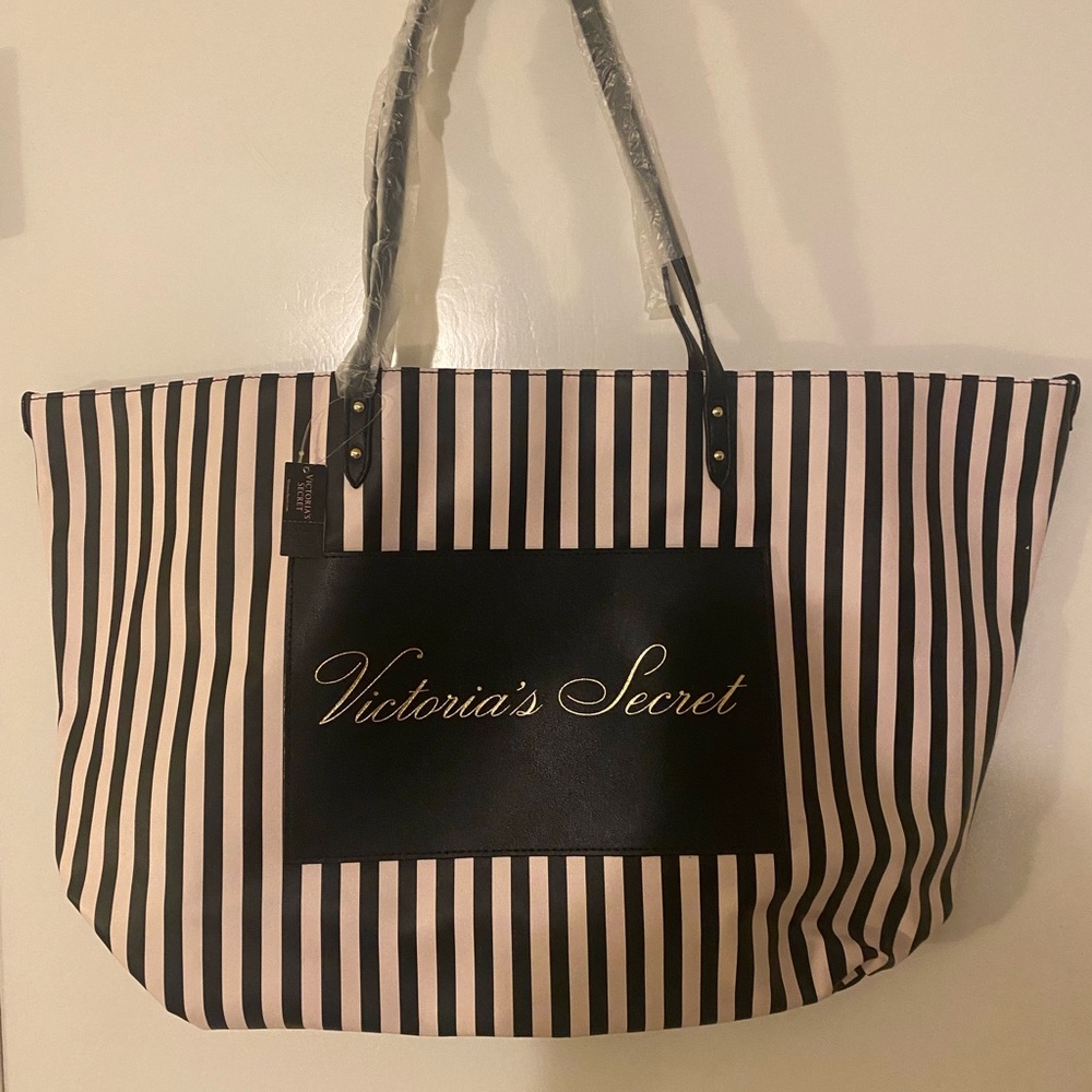 BNWT Victoria's Secret Black and Baby Pink Heritage Striped Oversized Tote